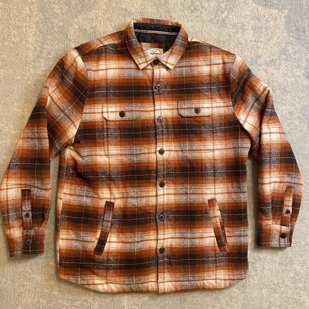 Flag & Anthem Shirt Jacket Mens Large Brown Plaid Quilted Flannel Button Front